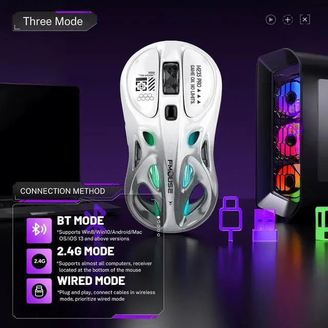 Alt view image 4 of 7 - M235 Wireless Gaming Mouse, 65g Ultra-Lightweight, Hollowed-Out Sports Car Design, 4800 DPI, Tri-Mode (2.4G/BT/Wired), 8 Programmable Buttons, RGB Lighting, 1000Hz Polling Rate (Silver Frost)