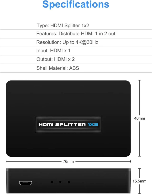 Alt view image 5 of 7 - Wiistar HDMI Splitter 1 in 2 Out 4K 1x2 HDMI Splitter Full HD 1080P