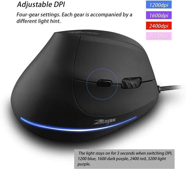 Alt view image 2 of 7 - Vertical Ergonomic Mouse,3200DPI,6 Buttons,LED Illumination,Prevention Against Mouse Arm,USB Optical Wired Mice for Laptop,PC,Mac,Black
