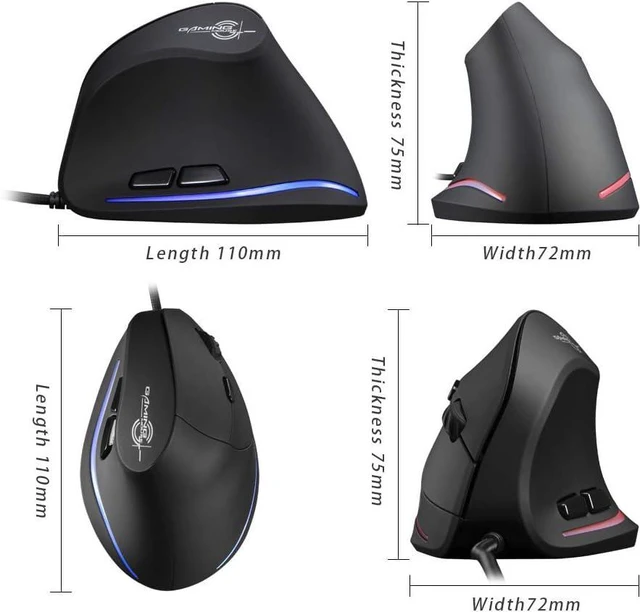 Alt view image 3 of 7 - Vertical Ergonomic Mouse,3200DPI,6 Buttons,LED Illumination,Prevention Against Mouse Arm,USB Optical Wired Mice for Laptop,PC,Mac,Black