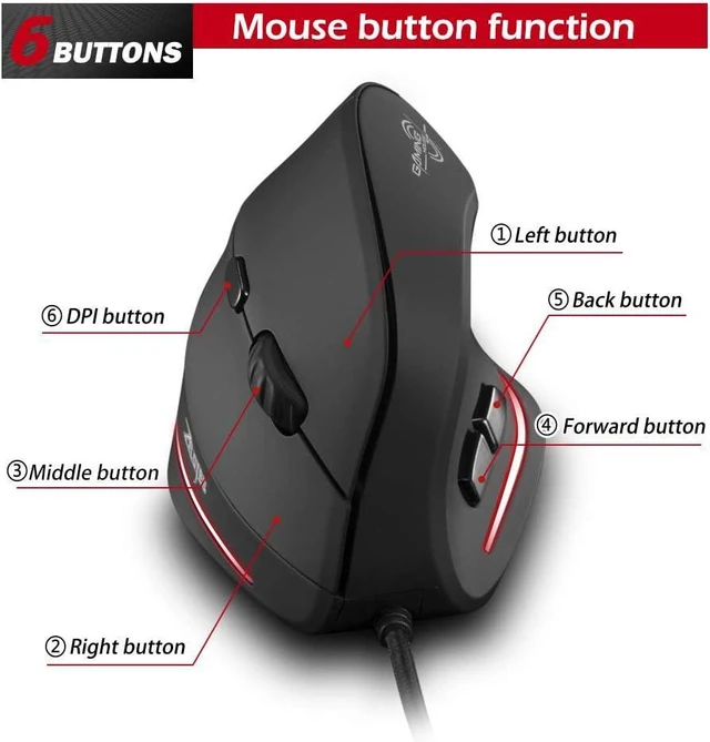 Alt view image 5 of 7 - Vertical Ergonomic Mouse,3200DPI,6 Buttons,LED Illumination,Prevention Against Mouse Arm,USB Optical Wired Mice for Laptop,PC,Mac,Black