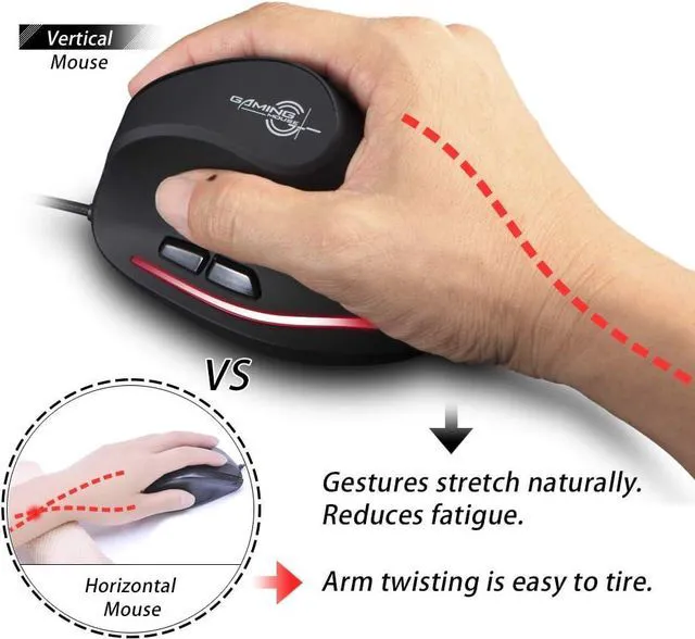 Alt view image 7 of 7 - Vertical Ergonomic Mouse,3200DPI,6 Buttons,LED Illumination,Prevention Against Mouse Arm,USB Optical Wired Mice for Laptop,PC,Mac,Black