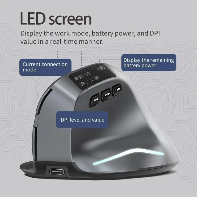Alt view image 3 of 6 - Bluetooth Wireless Mouse with Display,Rechargeable,3200DPI,BT 5.0/3.0 & 2.4G,7 Buttons,LED,USB Optical Ergonomic Vertical Mouse für Laptop,PC,Tablets,Black
