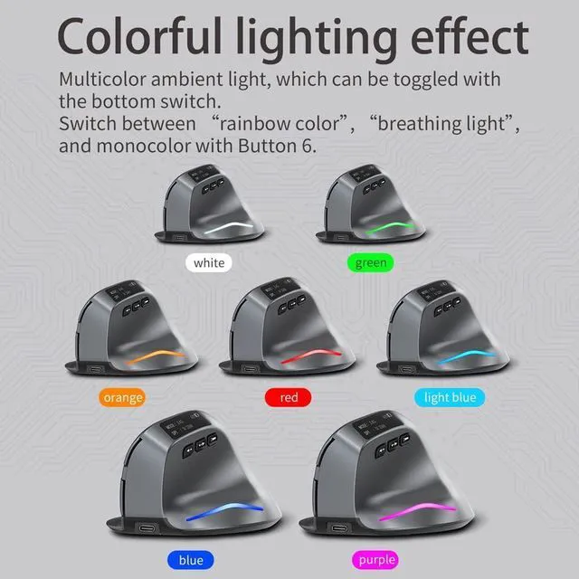 Alt view image 4 of 6 - Bluetooth Wireless Mouse with Display,Rechargeable,3200DPI,BT 5.0/3.0 & 2.4G,7 Buttons,LED,USB Optical Ergonomic Vertical Mouse für Laptop,PC,Tablets,Black