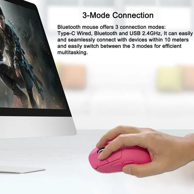Alt view image 4 of 6 - Gaming Wireless Mouse, Bluetooth Rechargeable with 9 Programmable Buttons,Ultra-Light 60g, 24,000 DPI, BT/USB 2.4G / Type-C, Ergonomic Optical Mouse for Laptop, PC,Office and Gamers (Pink)
