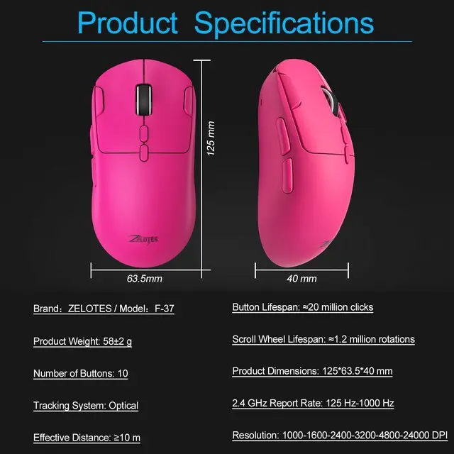 Alt view image 3 of 6 - Gaming Wireless Mouse, Bluetooth Rechargeable with 9 Programmable Buttons,Ultra-Light 60g, 24,000 DPI, BT/USB 2.4G / Type-C, Ergonomic Optical Mouse for Laptop, PC,Office and Gamers (Pink)