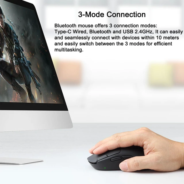 Alt view image 4 of 7 - Gaming Wireless Mouse, Bluetooth Rechargeable with 9 Programmable Buttons,Ultra-Light 60g, 24,000 DPI, BT/USB 2.4G / Type-C, Ergonomic Optical Mouse for Laptop, PC,Office and Gamers (Black)