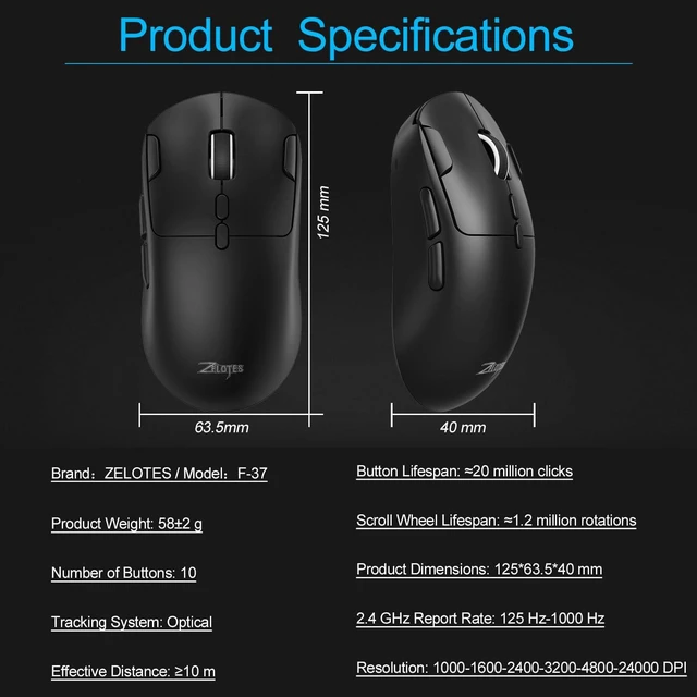 Alt view image 7 of 7 - Gaming Wireless Mouse, Bluetooth Rechargeable with 9 Programmable Buttons,Ultra-Light 60g, 24,000 DPI, BT/USB 2.4G / Type-C, Ergonomic Optical Mouse for Laptop, PC,Office and Gamers (Black)