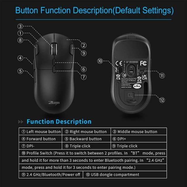 Alt view image 5 of 7 - Gaming Wireless Mouse, Bluetooth Rechargeable with 9 Programmable Buttons,Ultra-Light 60g, 24,000 DPI, BT/USB 2.4G / Type-C, Ergonomic Optical Mouse for Laptop, PC,Office and Gamers (Black)
