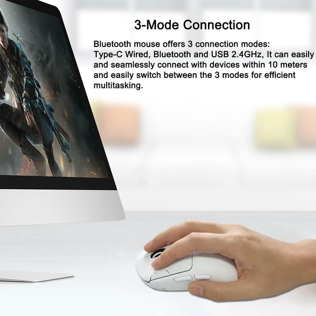Alt view image 2 of 6 - Gaming Wireless Mouse, Bluetooth Rechargeable with 9 Programmable Buttons,Ultra-Light 60g, 24,000 DPI, BT/USB 2.4G / Type-C, Ergonomic Optical Mouse for Laptop, PC,Office and Gamers (White)