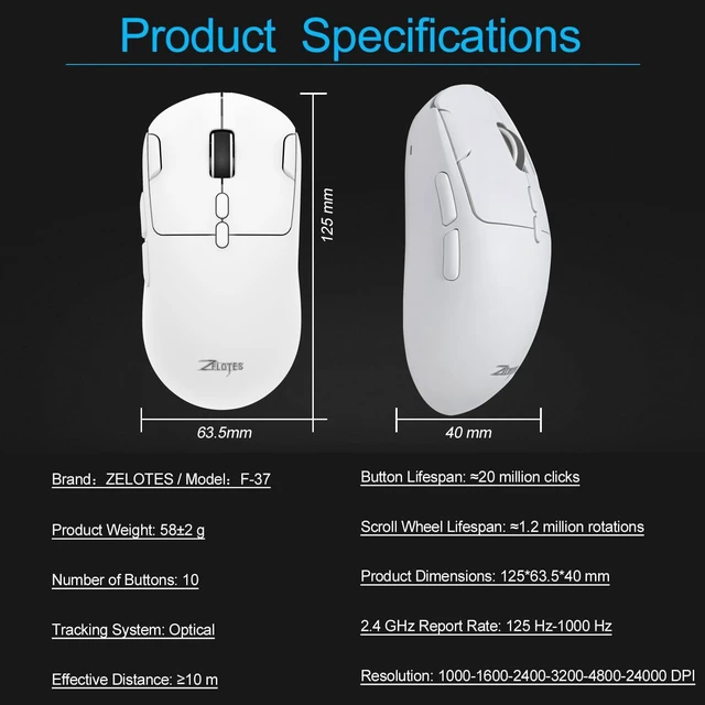 Alt view image 5 of 6 - Gaming Wireless Mouse, Bluetooth Rechargeable with 9 Programmable Buttons,Ultra-Light 60g, 24,000 DPI, BT/USB 2.4G / Type-C, Ergonomic Optical Mouse for Laptop, PC,Office and Gamers (White)