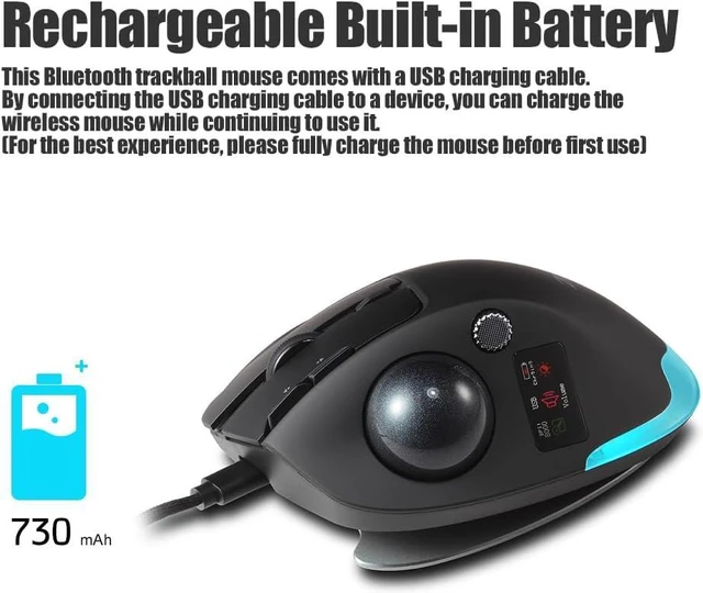 Alt view image 3 of 7 - Wireless Trackball Mouse with Display,Ergonomic Bluetooth Mouse,Rechargeable,4800 DPI, 3-in-1(BT +2.4GHz USB Receiver+Type-C), 8 Programmable Buttons,LED Lighting,for Laptop, PC, Pad,Black