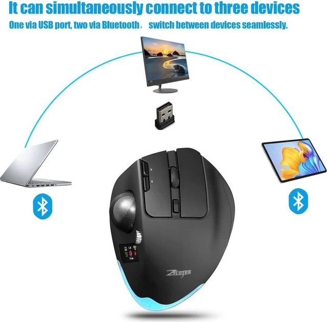 Alt view image 2 of 7 - Wireless Trackball Mouse with Display,Ergonomic Bluetooth Mouse,Rechargeable,4800 DPI, 3-in-1(BT +2.4GHz USB Receiver+Type-C), 8 Programmable Buttons,LED Lighting,for Laptop, PC, Pad,Black