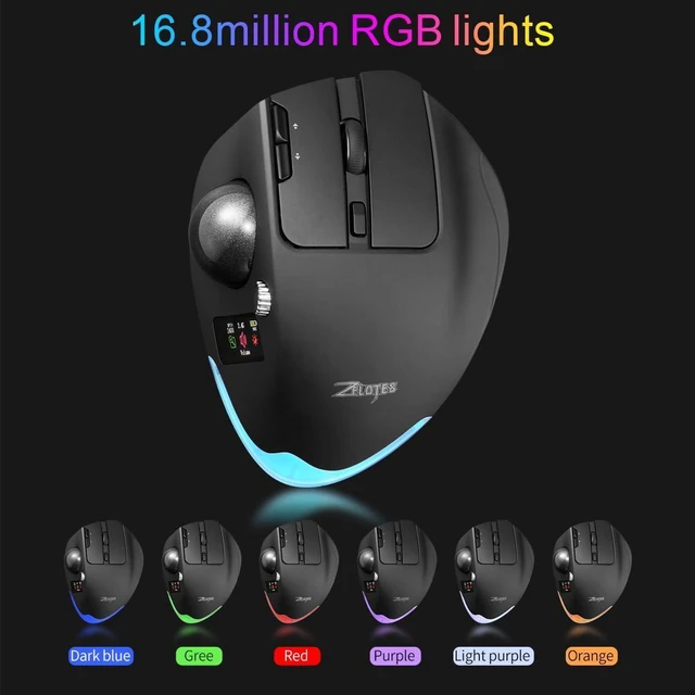 Alt view image 6 of 7 - Wireless Trackball Mouse with Display,Ergonomic Bluetooth Mouse,Rechargeable,4800 DPI, 3-in-1(BT +2.4GHz USB Receiver+Type-C), 8 Programmable Buttons,LED Lighting,for Laptop, PC, Pad,Black