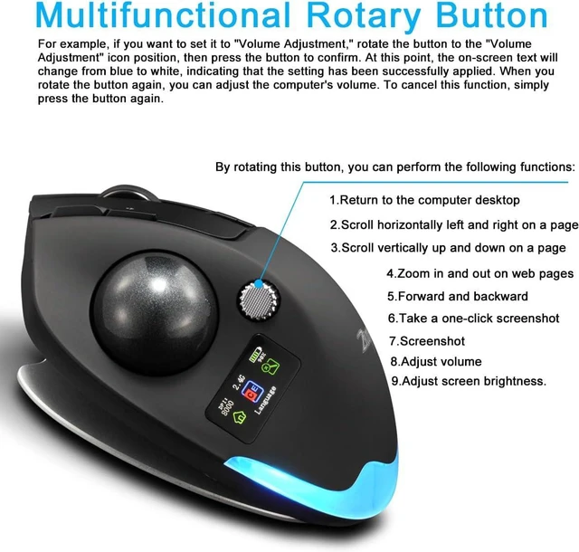 Alt view image 5 of 7 - Wireless Trackball Mouse with Display,Ergonomic Bluetooth Mouse,Rechargeable,4800 DPI, 3-in-1(BT +2.4GHz USB Receiver+Type-C), 8 Programmable Buttons,LED Lighting,for Laptop, PC, Pad,Black