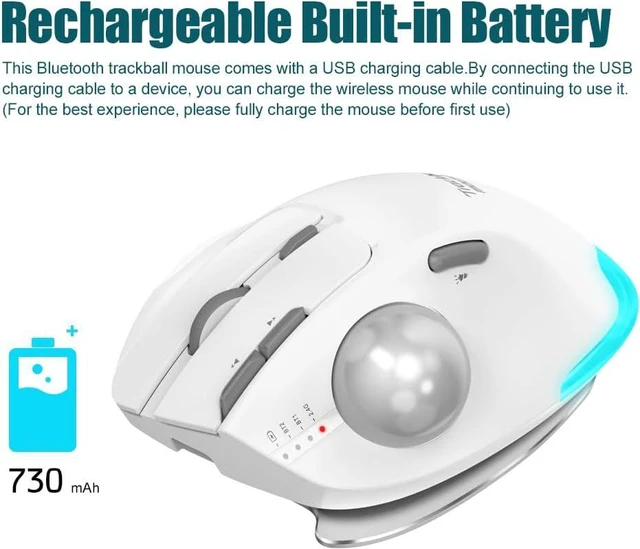Alt view image 2 of 6 - Wireless Trackball Mouse,Bluetooth Mouse,Rechargeable,4800 DPI, 2-in-1(BT 5.0/3.0+2.4GHz USB Receiver), 8 Buttons,Ergonomic Design,LED Lighting,for Laptop, PC, Pad,White