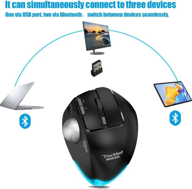 Alt view image 7 of 7 - Wireless Trackball Mouse,Bluetooth Mouse,Rechargeable,4800 DPI, 2-in-1(BT 5.0/3.0+2.4GHz USB Receiver), 8 Buttons,Ergonomic Design,LED Lighting,for Laptop, PC, Pad,Black