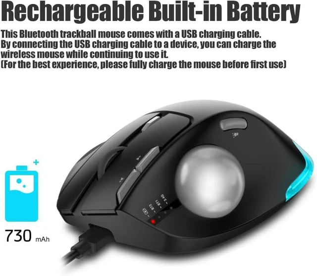 Alt view image 2 of 7 - Wireless Trackball Mouse,Bluetooth Mouse,Rechargeable,4800 DPI, 2-in-1(BT 5.0/3.0+2.4GHz USB Receiver), 8 Buttons,Ergonomic Design,LED Lighting,for Laptop, PC, Pad,Black