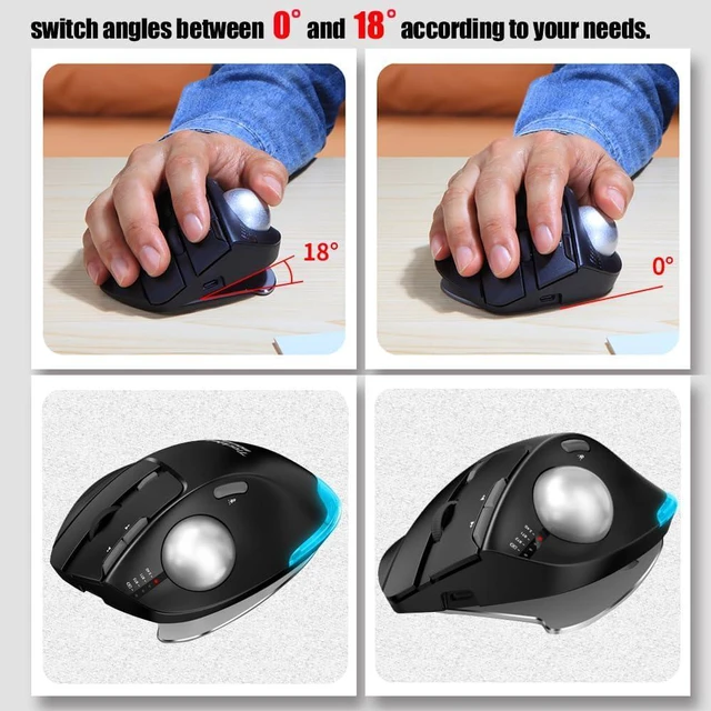 Alt view image 3 of 7 - Wireless Trackball Mouse,Bluetooth Mouse,Rechargeable,4800 DPI, 2-in-1(BT 5.0/3.0+2.4GHz USB Receiver), 8 Buttons,Ergonomic Design,LED Lighting,for Laptop, PC, Pad,Black