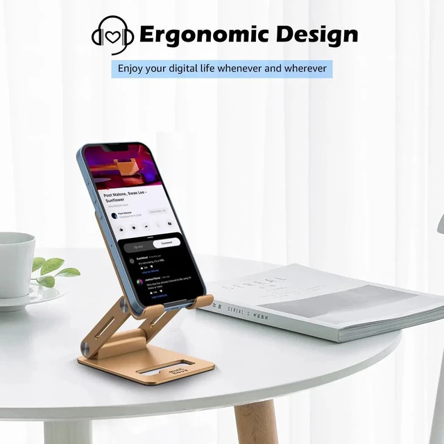 Alt view image 3 of 6 - Adjustable & Foldable Z-type Aluminum Mobile Phone Stand with Anti-Slip Base and Convenient Charging Port, Compatible with iPhone 16-11 series and more 4.7''-7.9'' Phones - Gold