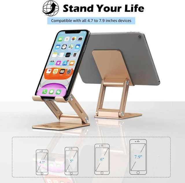 Alt view image 6 of 6 - Adjustable & Foldable Z-type Aluminum Mobile Phone Stand with Anti-Slip Base and Convenient Charging Port, Compatible with iPhone 16-11 series and more 4.7''-7.9'' Phones - Gold
