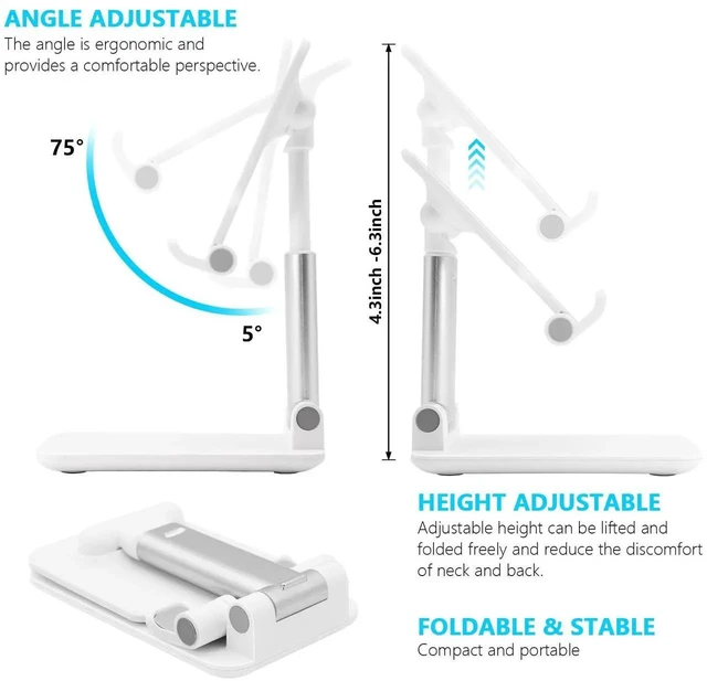 Alt view image 5 of 5 - Cell Phone Stand for Desk, Angle & Height Adjustable Phone Holder, (White) | Fully Foldable, Fits for All Under 6.5" Smartphones, Ideal for Home, Office & Travel Use