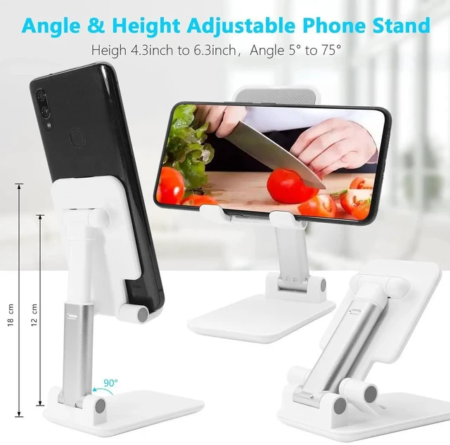 Alt view image 2 of 5 - Cell Phone Stand for Desk, Angle & Height Adjustable Phone Holder, (White) | Fully Foldable, Fits for All Under 6.5" Smartphones, Ideal for Home, Office & Travel Use