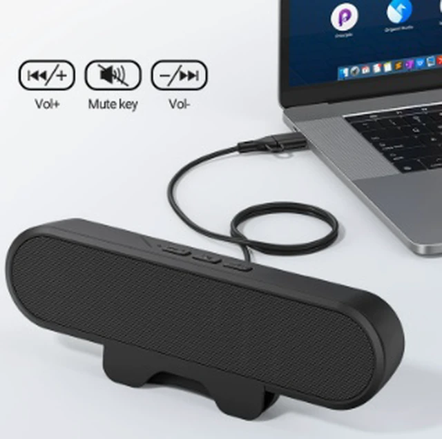 Alt view image 4 of 4 - MZ-630 USB Clip-On Soundbar Speaker, Portable Computer Speaker with Dual 40mm Speakers, Stereo Bass Sound, USB Sound Card, USB-A & USB-C, 5V Powered, Black