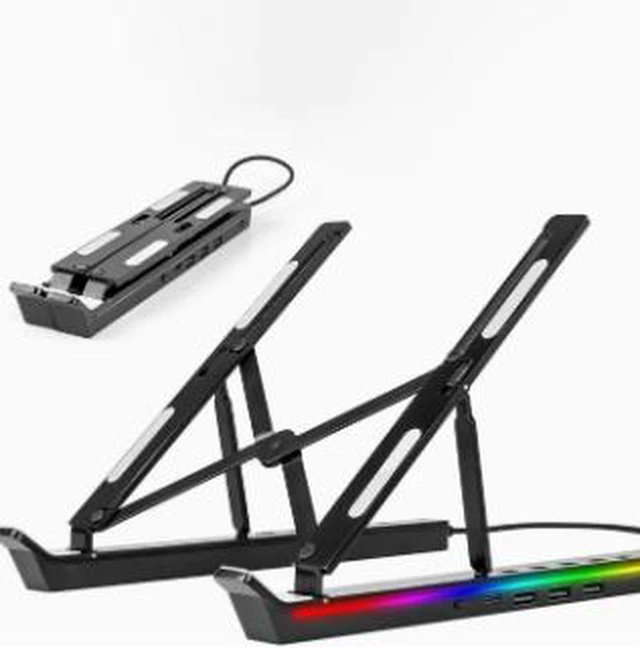 Main image of Aluminum Alloy Laptop Stand with Expansion Hub, Foldable Notebook Stand with Cooling Design and RGB Lighting, Portable Desktop Laptop Holder