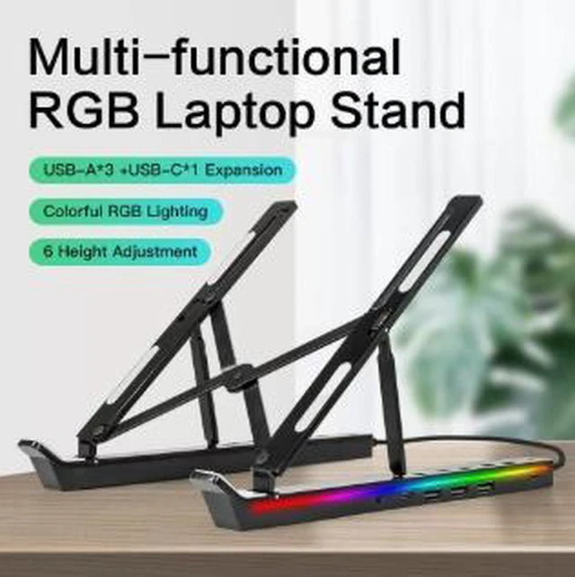 Alt view image 2 of 3 - Aluminum Alloy Laptop Stand with Expansion Hub, Foldable Notebook Stand with Cooling Design and RGB Lighting, Portable Desktop Laptop Holder