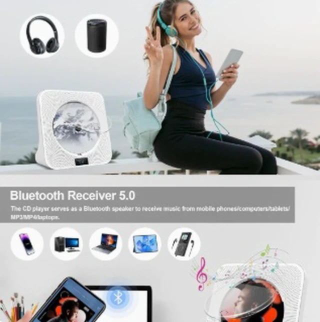 Alt view image 2 of 4 - Portable CD Player, Retro Compact Music Disc Player with Display, 3.5mm Audio Output, 100-240V Wide Voltage, 10W, ABS Housing, US Plug