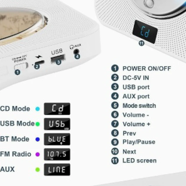 Alt view image 4 of 4 - Portable CD Player, Retro Compact Music Disc Player with Display, 3.5mm Audio Output, 100-240V Wide Voltage, 10W, ABS Housing, US Plug
