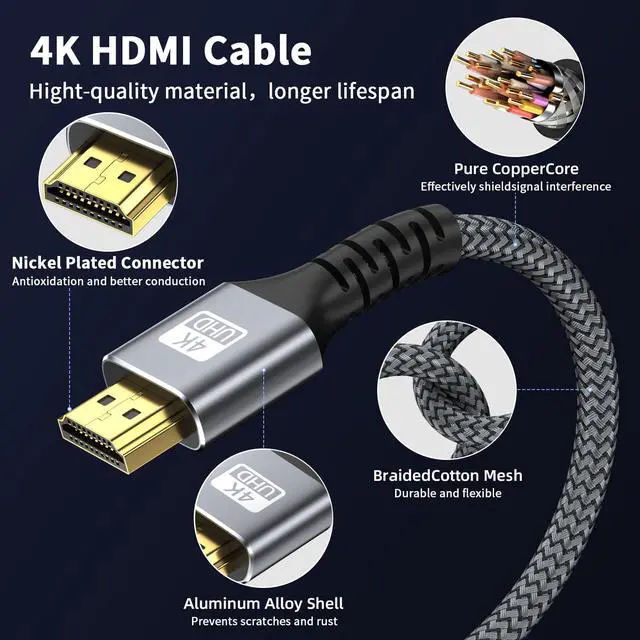 Alt view image 3 of 7 - 4k Hdmi Cable 50ft Ultra High Speed HDMI 2.0 Cable 4K@60HZ 3D ARC Gold Plated Connector Ethernet Audio Video Return HDMI Cord for UHD TV Monitor Laptop Xbox PS4/PS5 Roku TV ect.(Silvery)