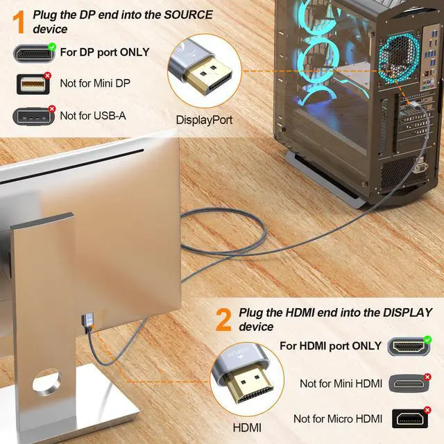 Alt view image 3 of 7 - DisplayPort to HDMI Cable 4K 6 FT 5-Pack, Uni-Directional Source DP Display Port to HDMI Monitor Adapter Braided Support 3D HDR HDCP 2.2 for HDTV,Dell, NVIDIA, Lenovo, AMD, PC, Laptop, GPU, Projector