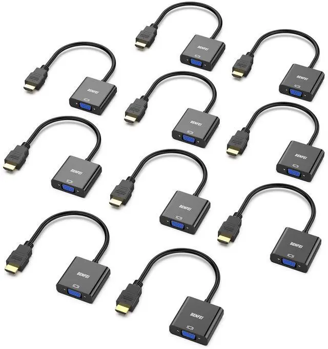 Main image of HDMI to VGA, 10 Pack, Gold-Plated HDMI to VGA Adapter (Male to Female) for Computer, Desktop, Laptop, PC, Monitor, Projector, HDTV, Chromebook, Raspberry Pi, Roku, Xbox and More - Black