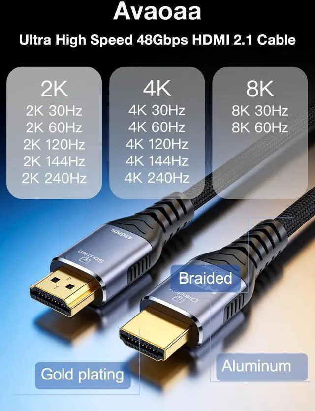 Alt view image 2 of 6 - 8K 4K Long Fiber Optic HDMI 2.1 Cable 66FT, Ultra High Speed Cable 8K 4K 144Hz 120Hz 60Hz Braided HDMI Cord Compatible for PS5 Xbox Support ARC eARC HDR10+ HDCP2.3 Monitor HDTV Laptop Blu-ray