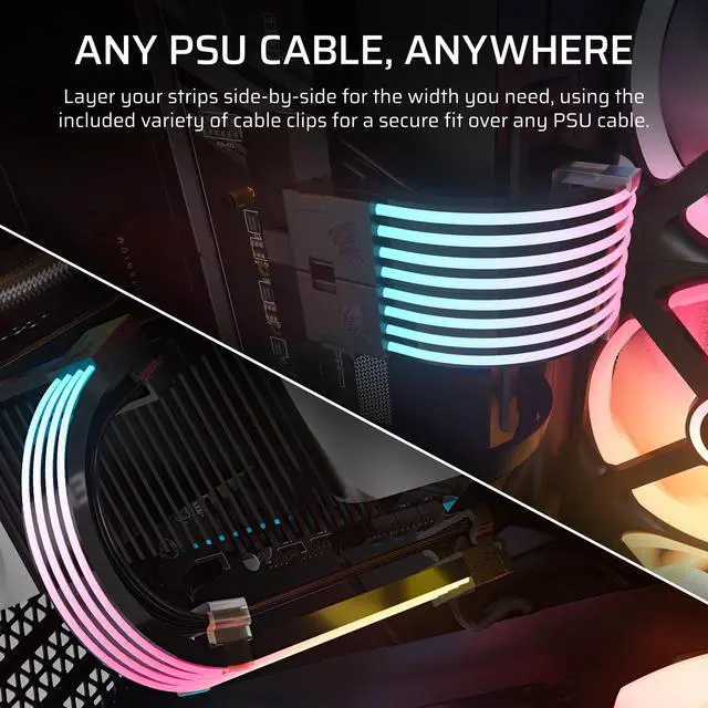 Alt view image 4 of 6 - iCUE ARGB PSU Cable Strips 2X 200mm LED Strips 100 RGB LEDs Per Strip Fits Any PSU Cable Motherboard 5V ARGB Control Black