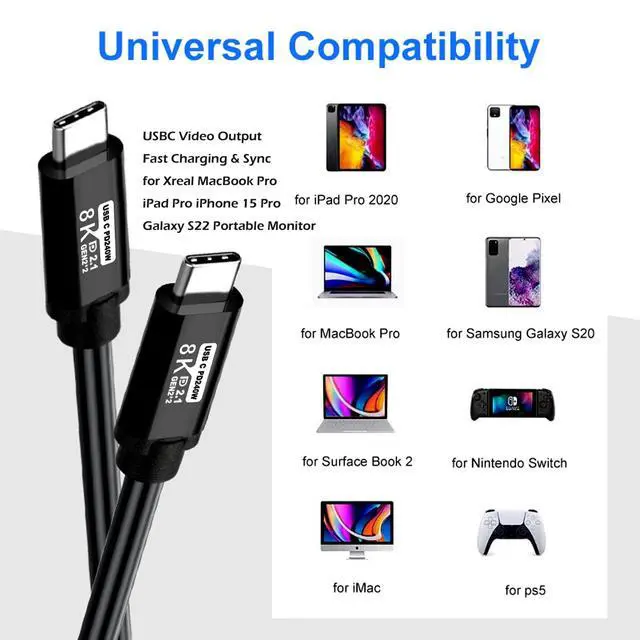 Alt view image 4 of 7 - Type C to USB C Cable 25FT,240W 8K60HZ USB C GEN2x2(Data usb3.1),USB C Video Output From USB3.2/ USB4.0 Fast Charging & Sync for Xreal MacBook Pro iPad Pro iPhone 15 Pro Galaxy S22 Portable Monitor