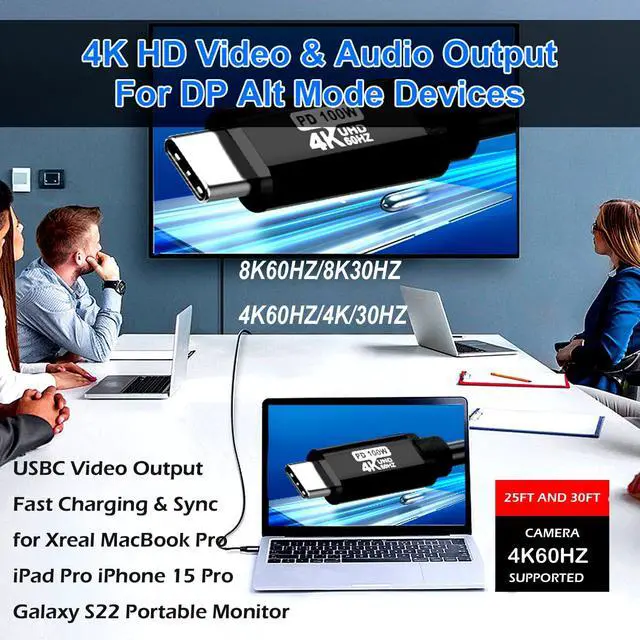 Alt view image 3 of 7 - Type C to USB C Cable 25FT,240W 8K60HZ USB C GEN2x2(Data usb3.1),USB C Video Output From USB3.2/ USB4.0 Fast Charging & Sync for Xreal MacBook Pro iPad Pro iPhone 15 Pro Galaxy S22 Portable Monitor