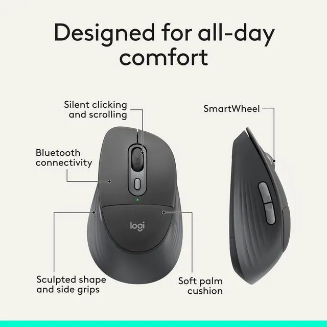 Alt view image 4 of 7 - Signature Comfort Plus M850 L Wireless Mouse, Bluetooth Mouse with Palm Cushion, Silent Clicks, 24-Month Battery, Customizable Buttons, for Windows, Mac, iPad - Graphite