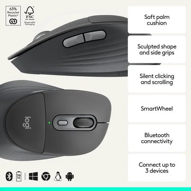 Alt view image 2 of 7 - Signature Comfort Plus M850 L Wireless Mouse, Bluetooth Mouse with Palm Cushion, Silent Clicks, 24-Month Battery, Customizable Buttons, for Windows, Mac, iPad - Graphite