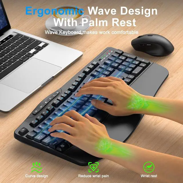 Alt view image 2 of 7 - Wireless Keyboard and Mouse Combo, Ergonomic Keyboard with 6 Multimedia Keys, 2.4G Full Size Keyboard with Wrist Rest, 3-Level DPI Wireless Silent Mouse with 6-Buttons, for Windows (Dark Black)