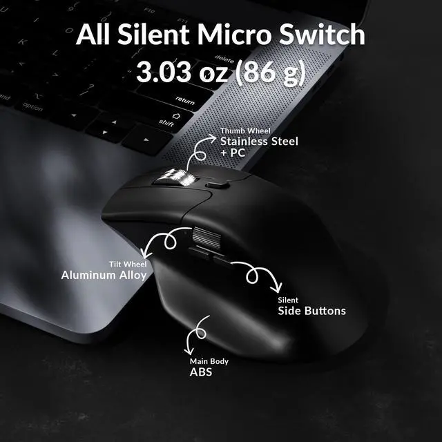 Alt view image 6 of 7 - M6 Silent Wireless Gaming Mouse, 1000Hz, Bluetooth 5.3/2.4GHz/Wired, PixArt 3395 Sensor (26K DPI), 86g, On-Board Memory Profiles for Plug & Play, Programmable for Mac/Windows/Linux Black