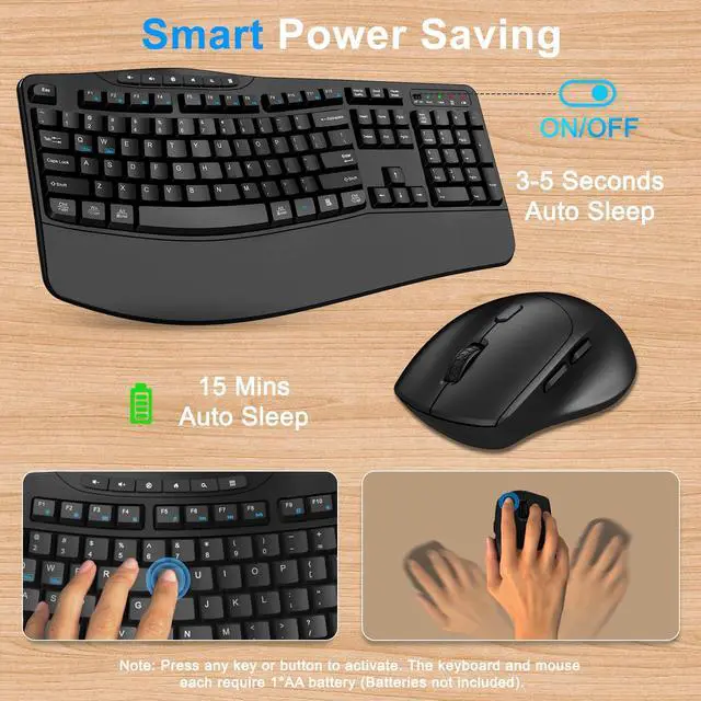 Alt view image 5 of 7 - Wireless Keyboard and Mouse Combo, Ergonomic Keyboard with 6 Multimedia Keys, 2.4G Full Size Keyboard with Wrist Rest, 3-Level DPI Wireless Silent Mouse with 6-Buttons, for Windows (Dark Black)