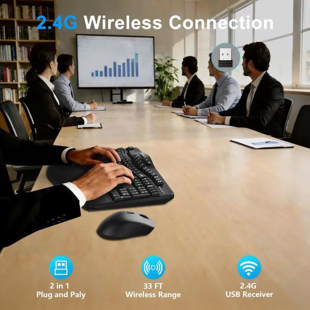 Alt view image 4 of 7 - Wireless Keyboard and Mouse Combo, Ergonomic Keyboard with 6 Multimedia Keys, 2.4G Full Size Keyboard with Wrist Rest, 3-Level DPI Wireless Silent Mouse with 6-Buttons, for Windows (Dark Black)