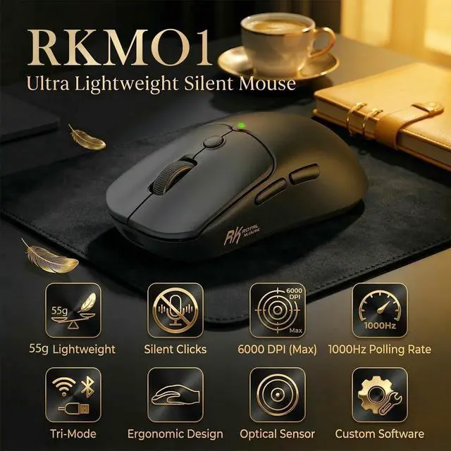 Alt view image 2 of 7 - MO1 Wireless Mouse, 55g Ultra-Lightweight Computer Mice, 6 Programmable Buttons, Quiet Click, 2.4GHz/Bluetooth/Wired, 6000 DPI Optical Sensor, Black