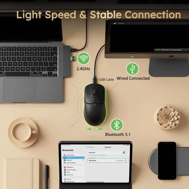 Alt view image 5 of 7 - MO1 Wireless Mouse, 55g Ultra-Lightweight Computer Mice, 6 Programmable Buttons, Quiet Click, 2.4GHz/Bluetooth/Wired, 6000 DPI Optical Sensor, Black