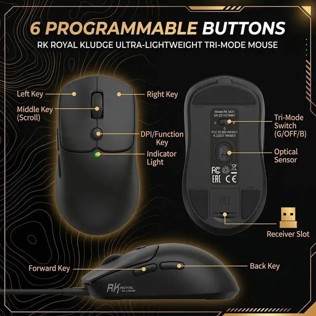 Alt view image 7 of 7 - MO1 Wireless Mouse, 55g Ultra-Lightweight Computer Mice, 6 Programmable Buttons, Quiet Click, 2.4GHz/Bluetooth/Wired, 6000 DPI Optical Sensor, Black