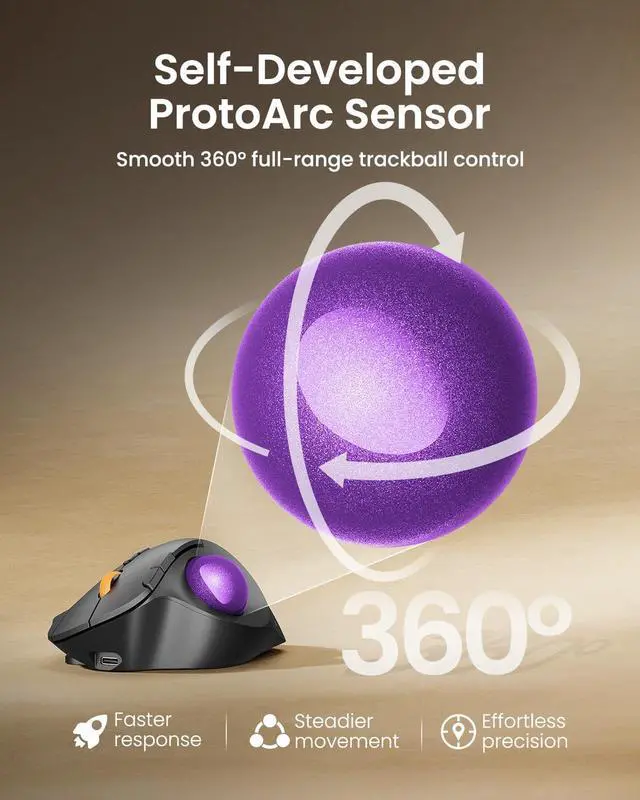 Alt view image 3 of 7 - Wireless Bluetooth Trackball Mouse, EM02 Two Adjustable Angle Ergonomic Rechargeable Computer Ball Mouse, 3 Device Connection, Thumb Control and Smooth Tracking for Laptop, PC, Mac-Purple