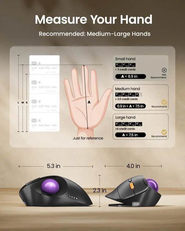 Alt view image 6 of 7 - Wireless Bluetooth Trackball Mouse, EM02 Two Adjustable Angle Ergonomic Rechargeable Computer Ball Mouse, 3 Device Connection, Thumb Control and Smooth Tracking for Laptop, PC, Mac-Purple